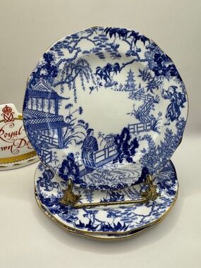 Royal Crown Derby Blue Mikado 7" side bread plate. Set of 3.
